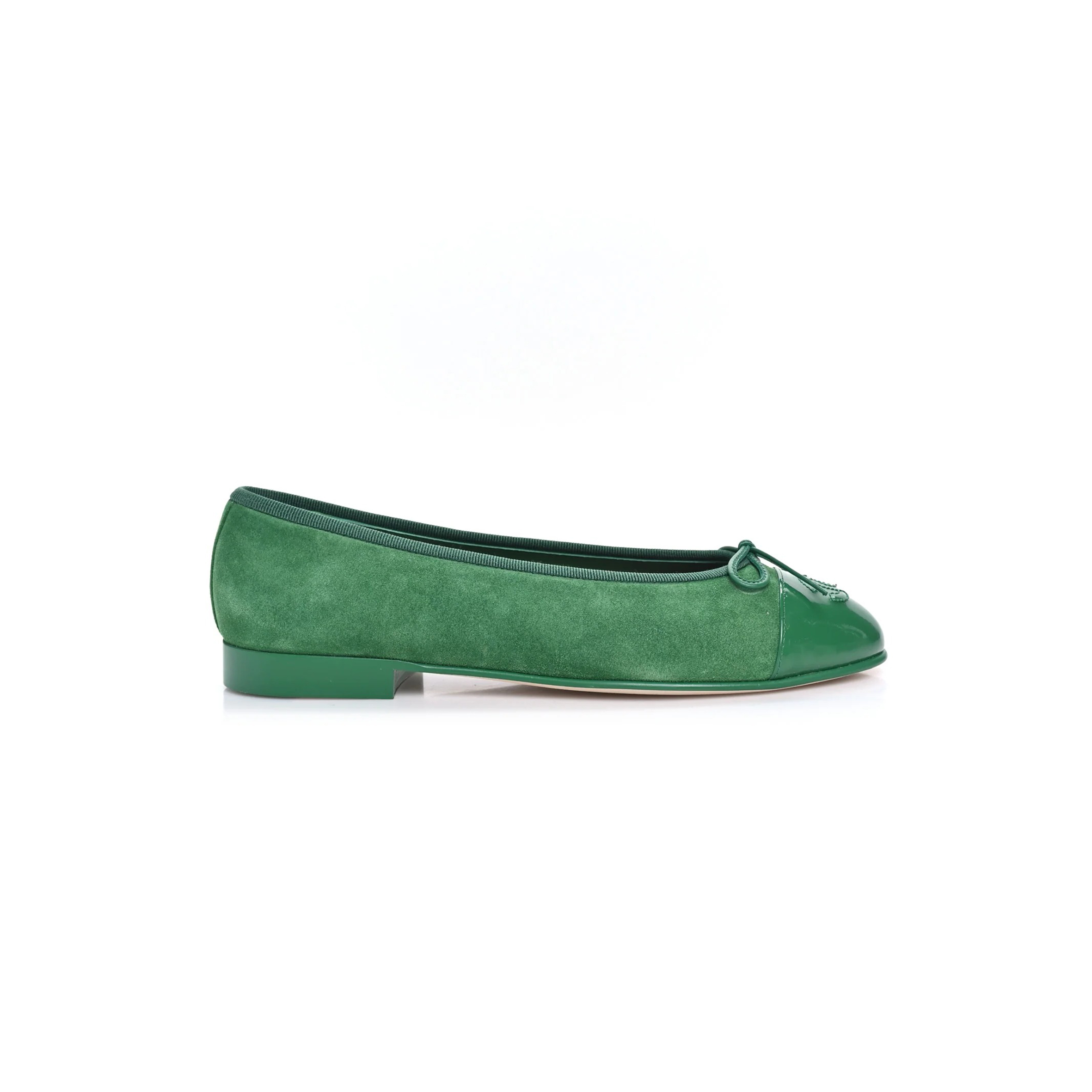 CHANEL SUEDE PATENT CAP TOE CC BALLERINA FLATS GREEN